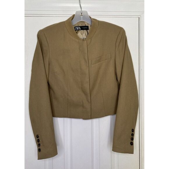 Zara Women's Cropped Ribbed‎ Collar Jacket Taupe Brown XS New - Picture 1 of 8